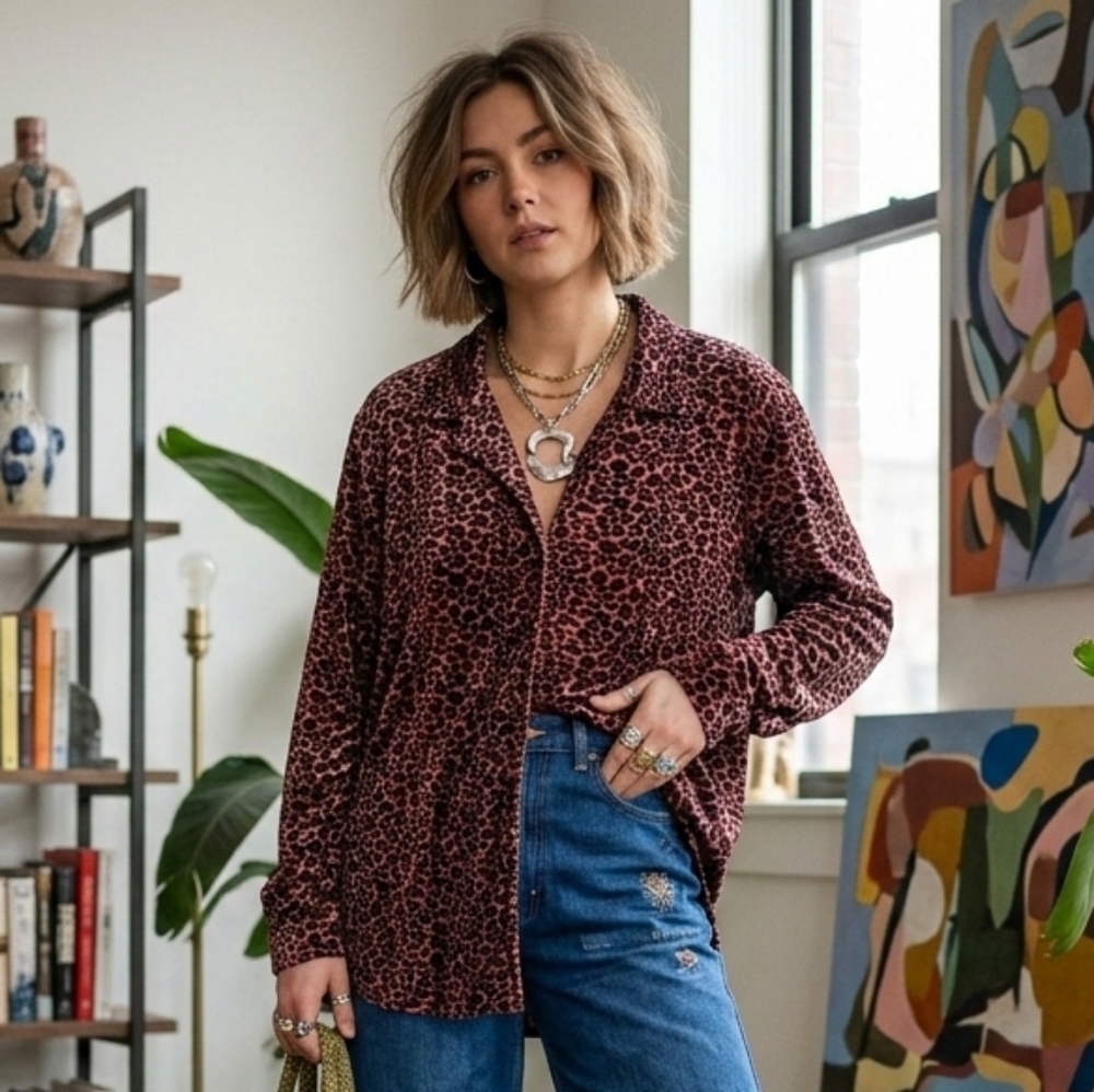 Sag Harbor XL Modern Contemporary Eclectic Leopard Print Velvet Boyfriend Shirt